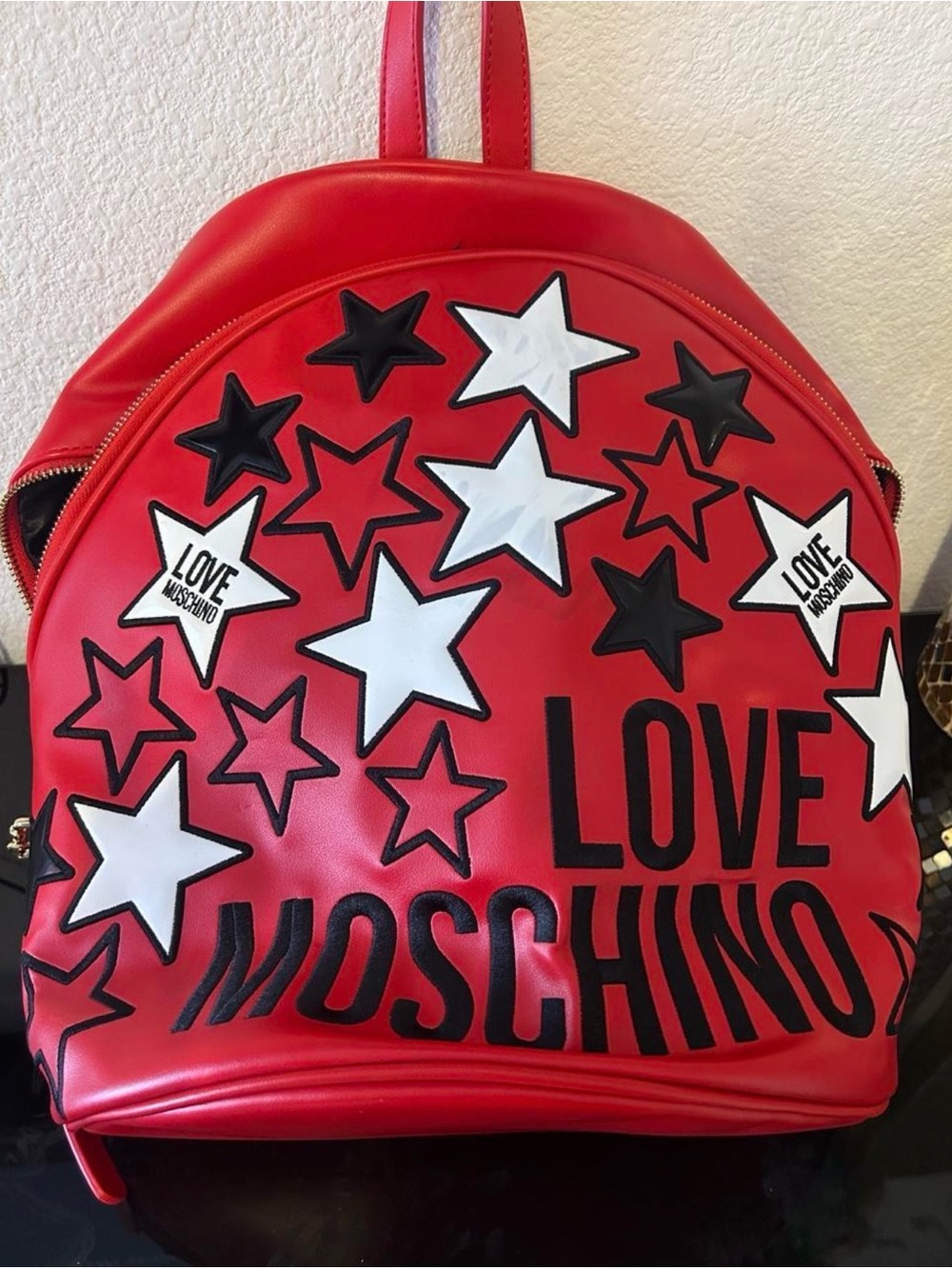 Love Moschino Red Backpack with Black and White Star Accents